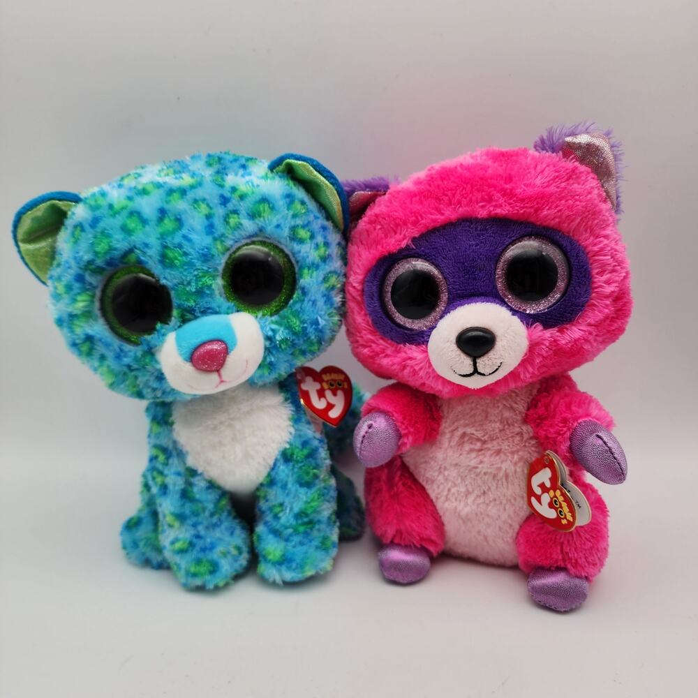 Ty Beanie Boos Roxie Raccoon Leona Cat Plush 10" Pink Blue Big Sparkle Eyes 2015